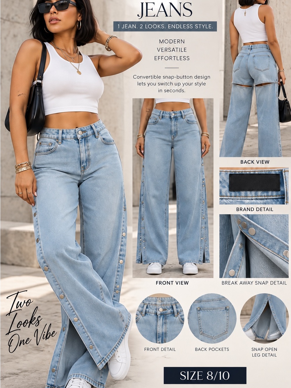 Convertible Snap-Button Light Blue Wide-Leg Jeans - Women